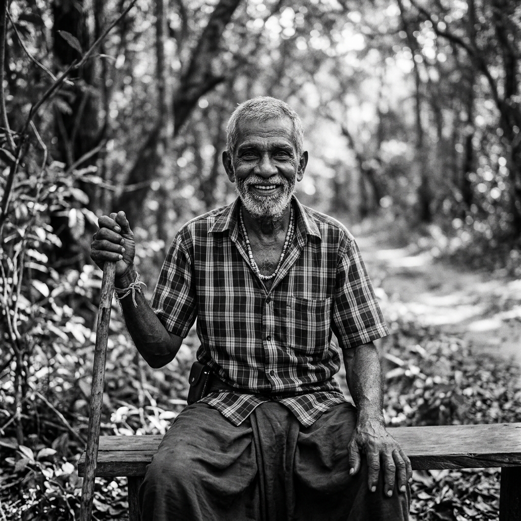 Black and white portrait of a local elder Sri Lankan wildlife tracker representing generational wisdom