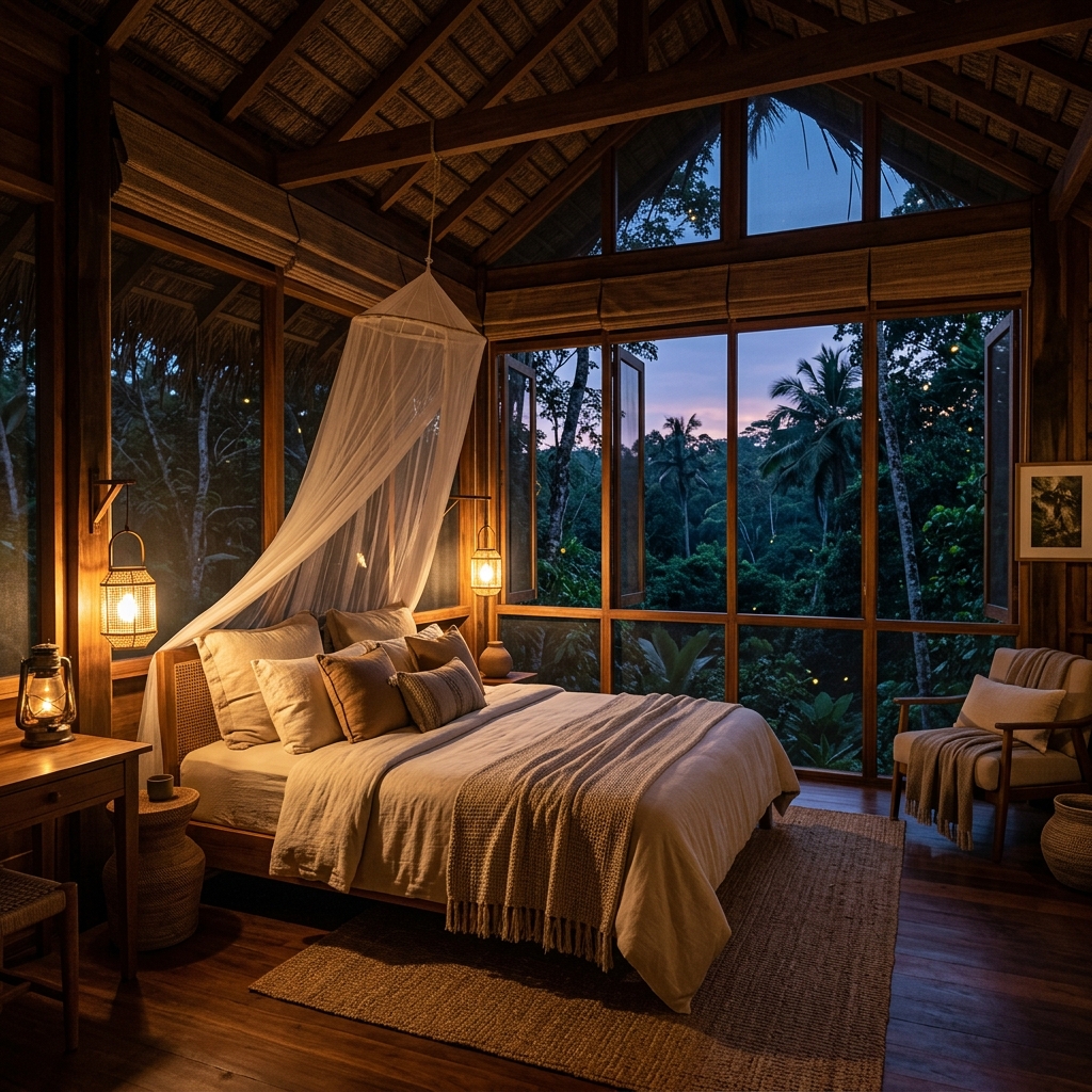 Warm glowing twilight interior of a premium eco-lodge in the Kalavava forest canopy