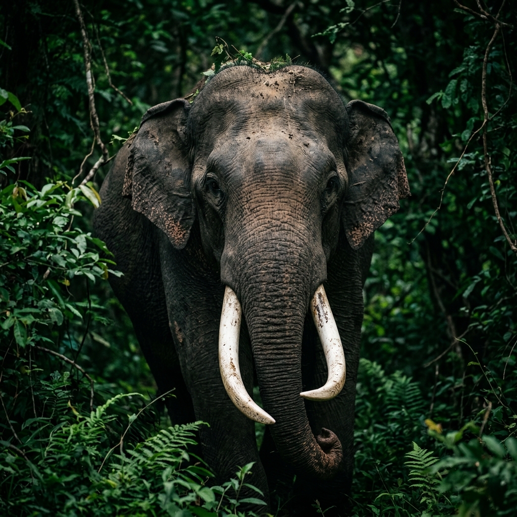 A majestic wild tusker elephant grazing along the lake bed in Kalavava at dusk