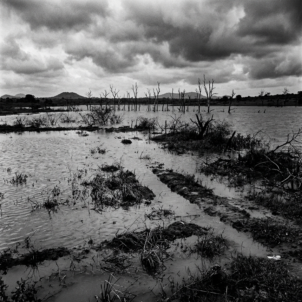 Stark high-contrast B&W photo of the Ibbankatuva area showing encroached waterlines
