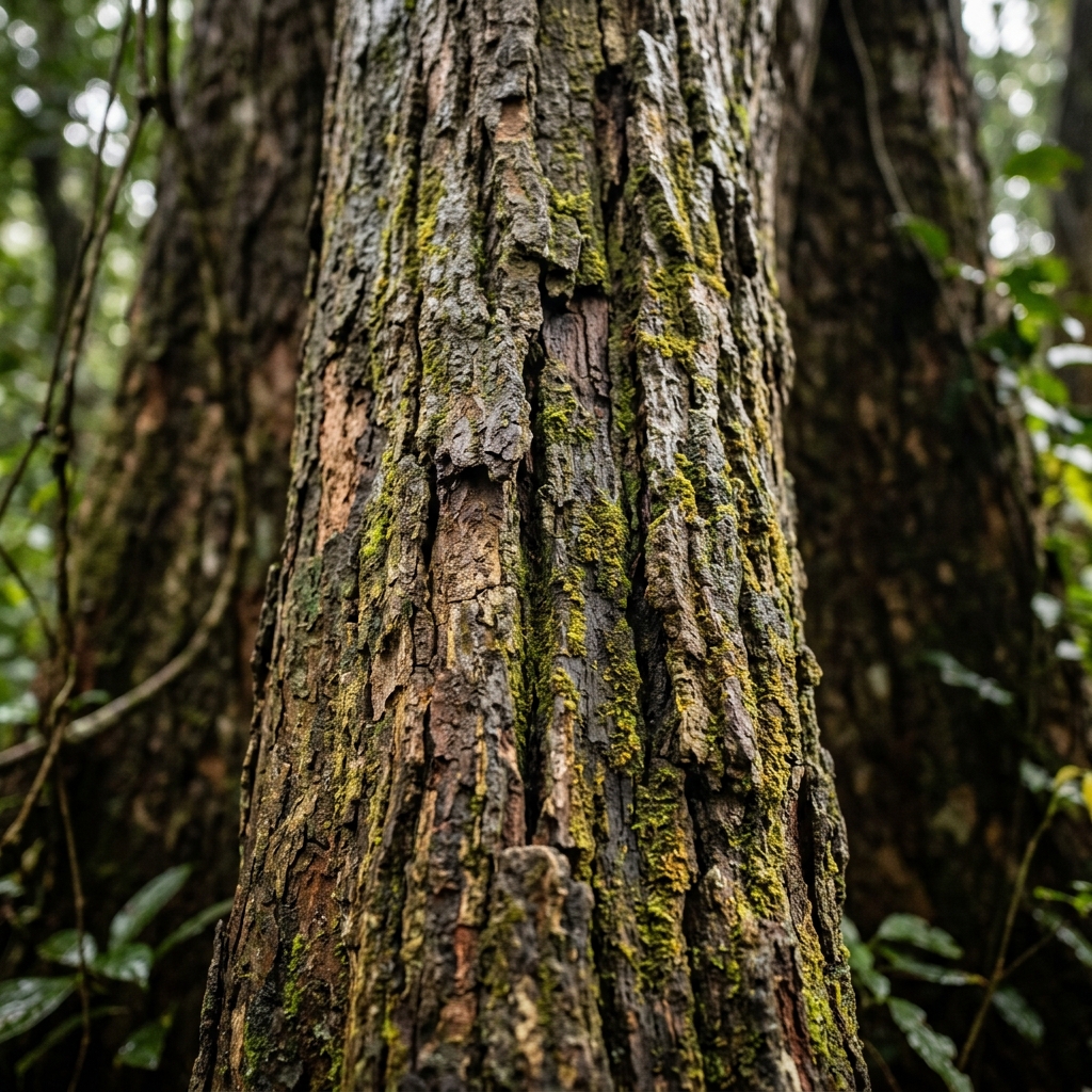 Close-up portrait of a towering Kumbuk tree bark textured by centuries of monsoons