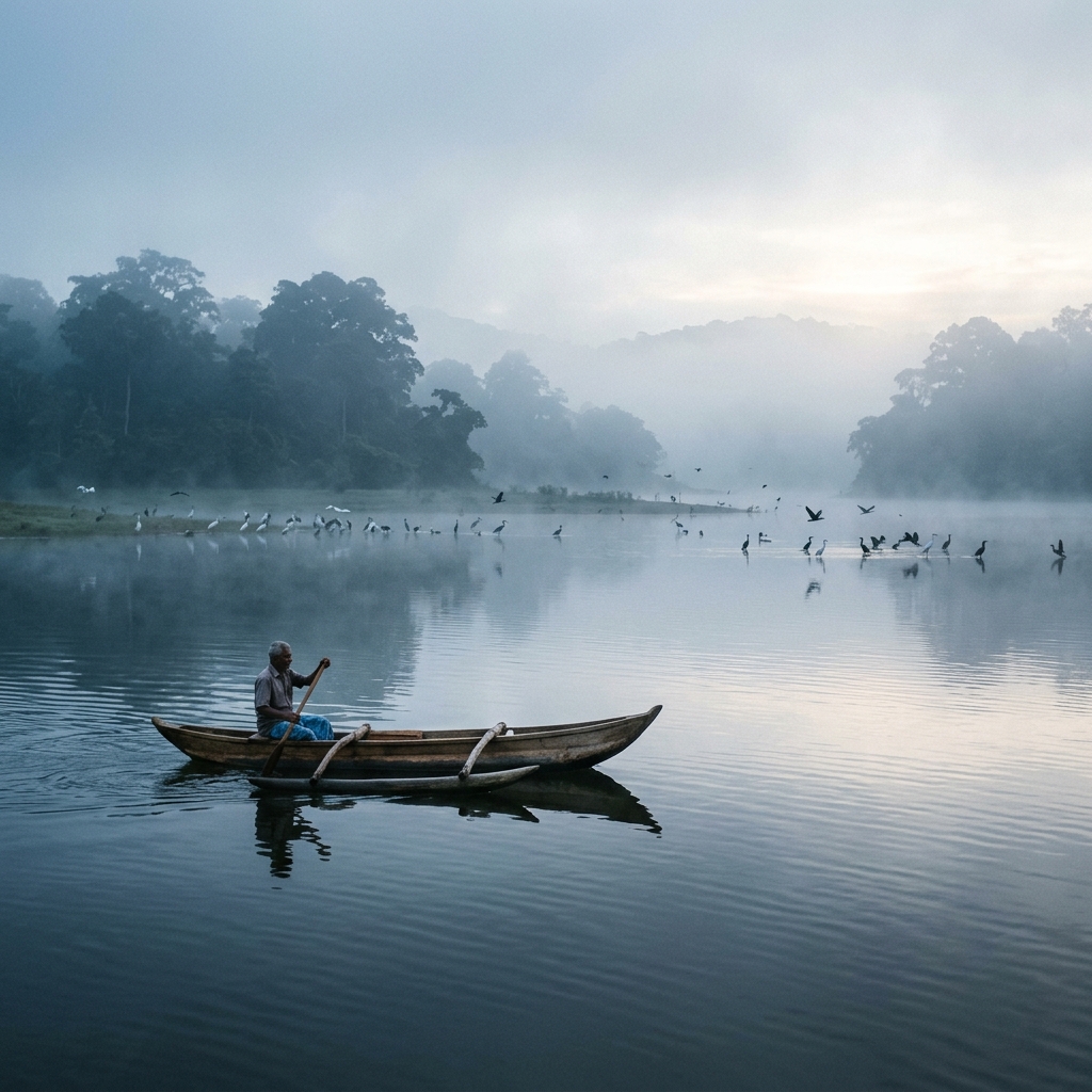 A traditional wooden catamaran floating quietly in the morning mist on Kalavava reservoir