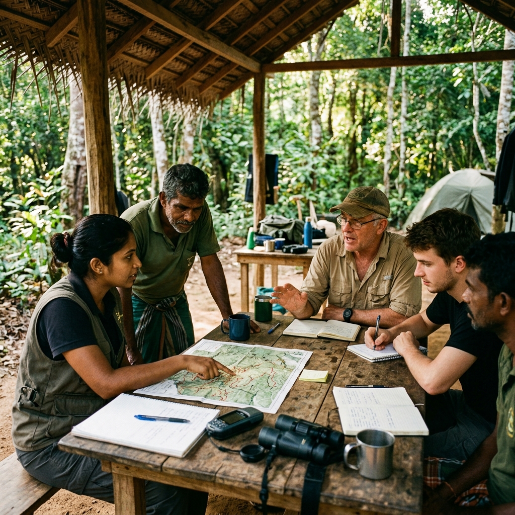 Warm candid photograph of CES researchers and local trackers in field discussion