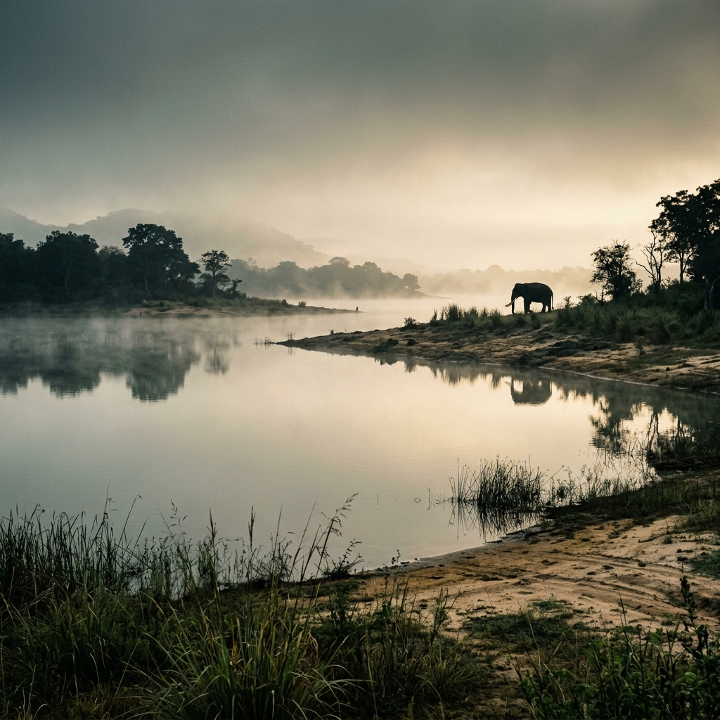 Wide atmospheric photograph of Kalavava at dawn with mist rising and a lone tusker silhouette